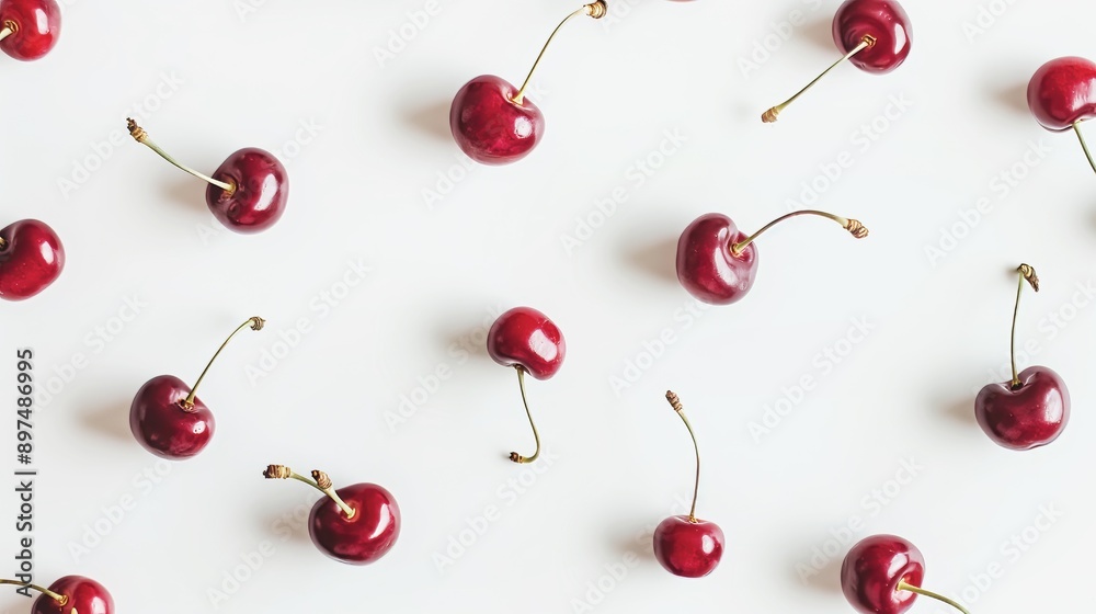 Vibrant red cherries beautifully arranged on a white background, creating a clean and modern aesthetic for showcasing natural produce and healthy eating. Vibrant red cherries beautifully arranged on a white background, creating a clean and modern aesthetic for showcasing natural produce and healthy eating.