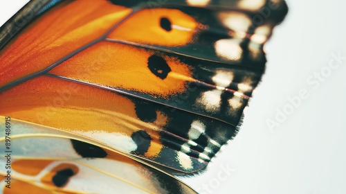 Close-up photography of intricate orange butterfly wing pattern with vibrant colors and detailed textures, showcasing the beauty of nature photo