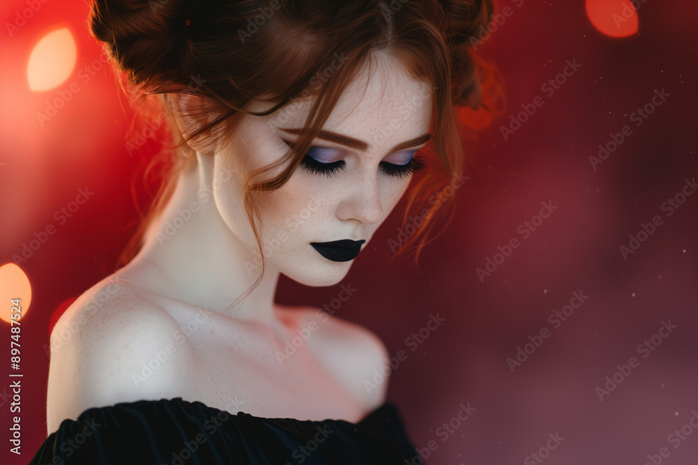 Fototapeta premium Stunning portrait of gothic woman with dramatic makeup and elegant hairstyle, against misty red background of soft colorful lights capturing sense of theatricality and artistry