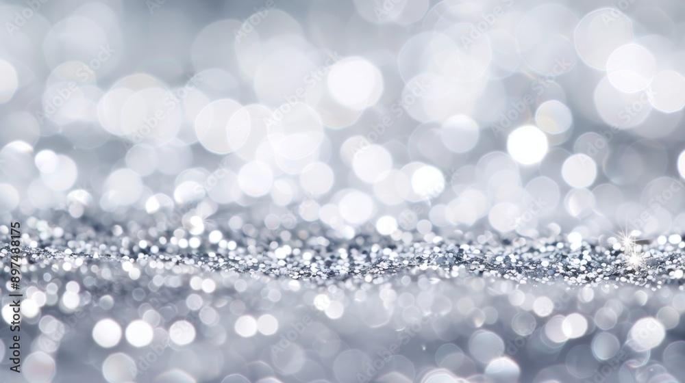 The image is a blurry, silver and white background with many small, round, shiny The image is a blurry, silver and white background with many small, round, shiny