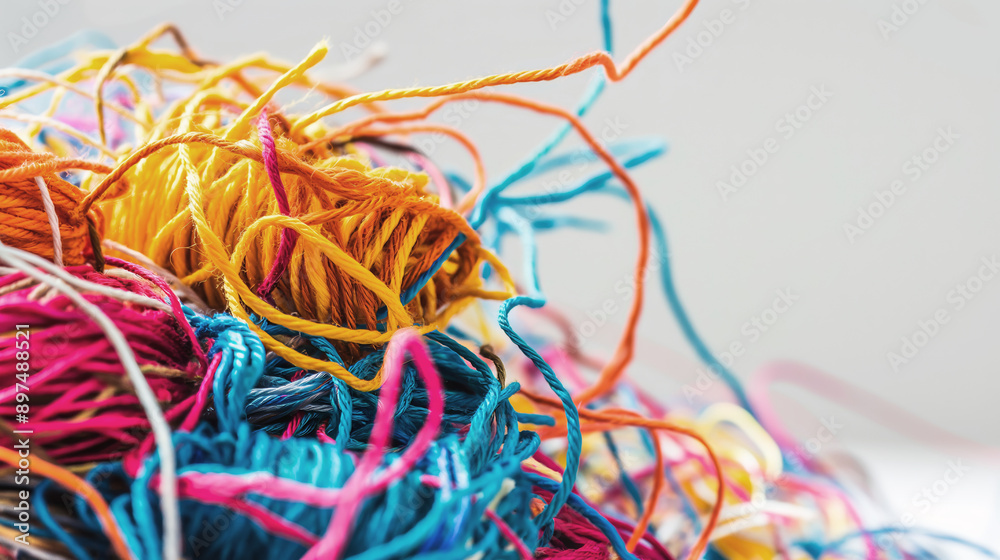 Colorful tangled threads, bright twisted yarn, vibrant string chaos, close-up of multicolored fibers, textile mess concept Colorful tangled threads, bright twisted yarn, vibrant string chaos, close-up of multicolored fibers, textile mess concept