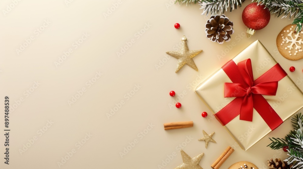 A gold box with a red ribbon sits on a white background with a star A gold box with a red ribbon sits on a white background with a star