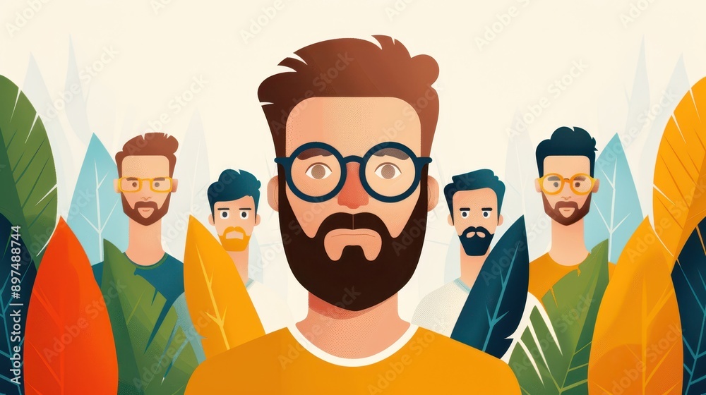 A bearded man stands in the foreground with his companions slightly blurred in the background, depicting individuality and unity amidst colorful leaves. A bearded man stands in the foreground with his companions slightly blurred in the background, depicting individuality and unity amidst colorful leaves.