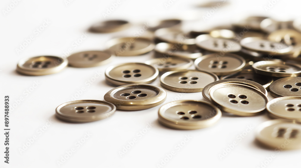 Scattered bronze buttons, elegant metallic fasteners, sewing accessories on white surface, clothing detail concept Scattered bronze buttons, elegant metallic fasteners, sewing accessories on white surface, clothing detail concept