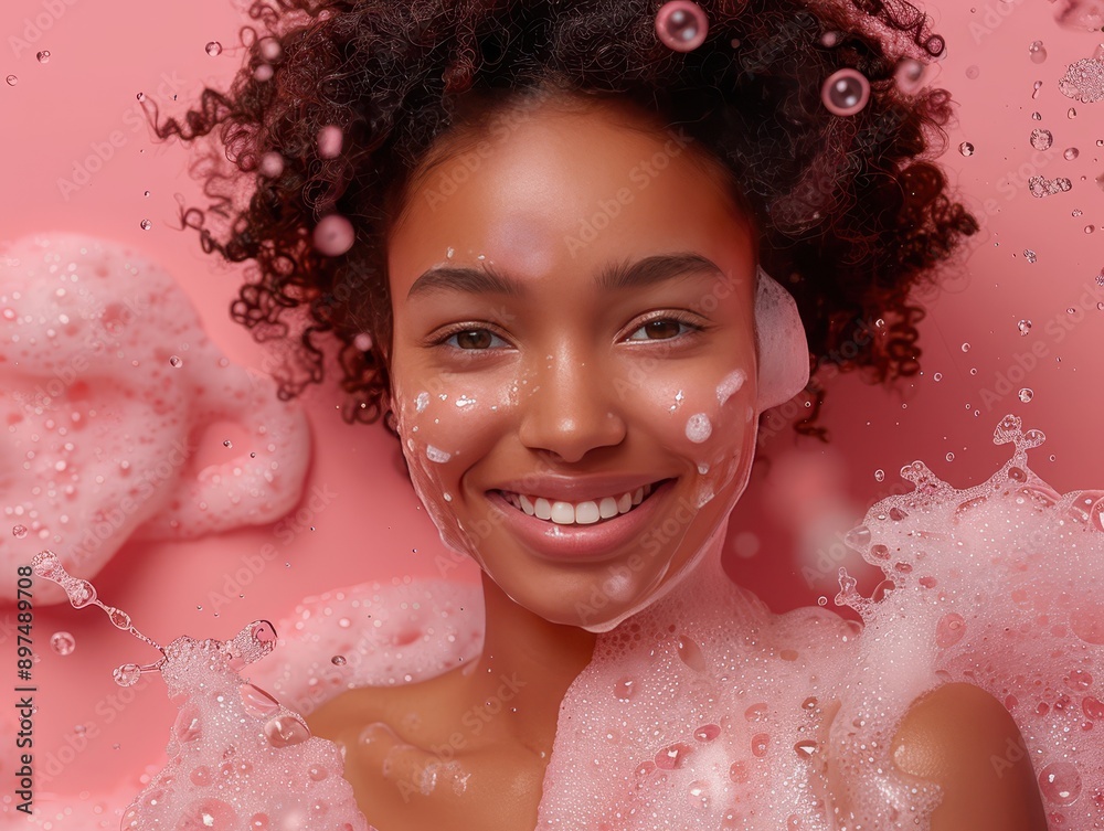 Smiling Girl Presenting Body Wash on Pastel Pink Background in High-Resolution Digital Art Smiling Girl Presenting Body Wash on Pastel Pink Background in High-Resolution Digital Art