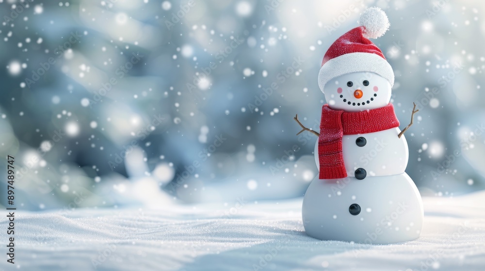 Fototapeta premium A snowman wearing a red scarf and a red hat