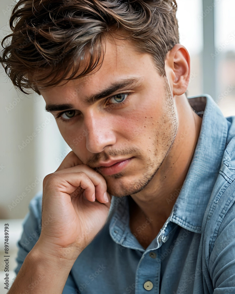 Obraz premium Close-up retrato hombre joven apoyando la cara sobre su mano con mirada triste y melancólica