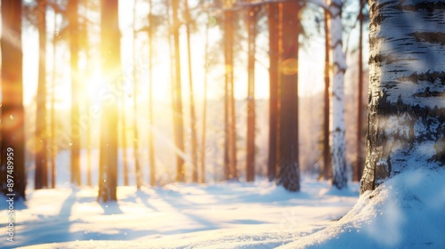 tree trunk is in the snow with the sun shining on it