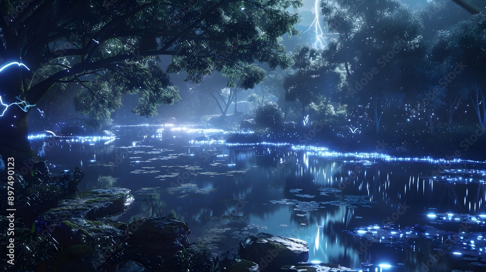 Enchanting Nighttime Forest with Glowing River Enchanting Nighttime Forest with Glowing River