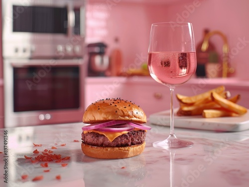 A painting of a classic burger and a glass of rosé wine, beautifully arranged on a marble countertop.