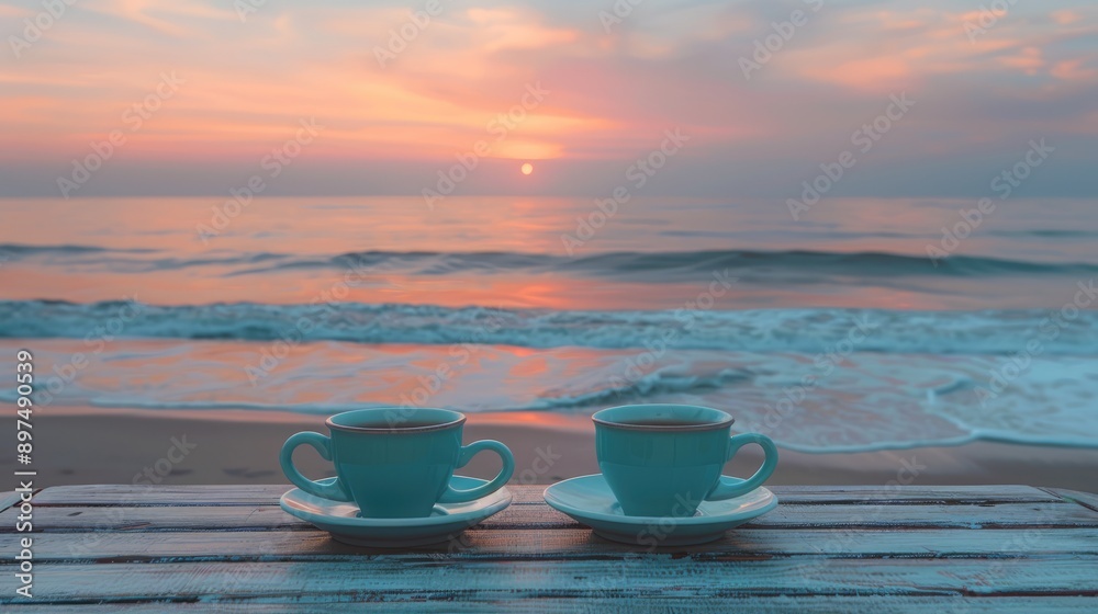 A serene scene of a tea set on a rustic wooden table at the beach, during a peaceful sunrise. A serene scene of a tea set on a rustic wooden table at the beach, during a peaceful sunrise.