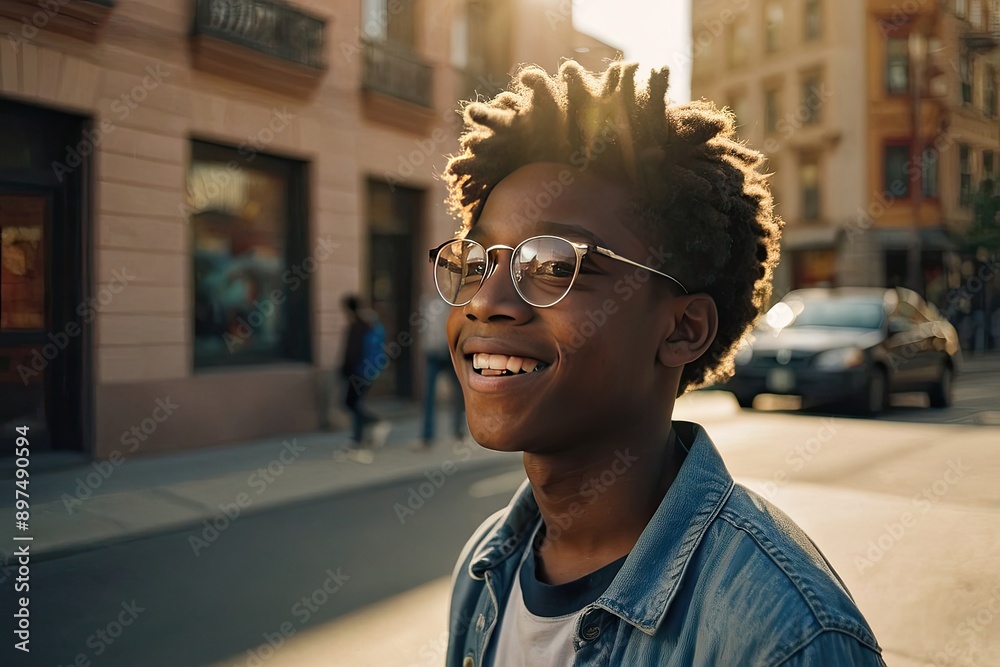 Portrait of a happy dark-skinned schoolboy teenager with glasses On the street of the city in the sunlight. Back to school, correction of pupil eyesight. Portrait of a happy dark-skinned schoolboy teenager with glasses On the street of the city in the sunlight. Back to school, correction of pupil eyesight.