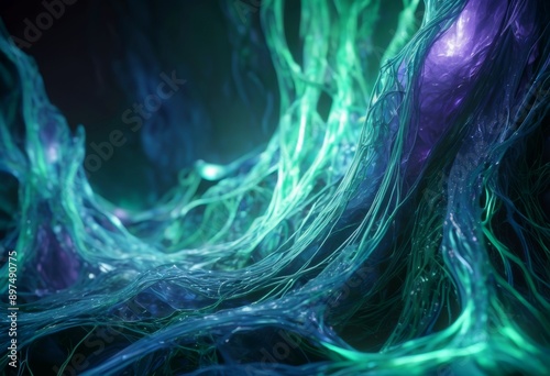 abstract glowing background featuring soft, ethereal shapes and lines in shades of blue, green, and purple