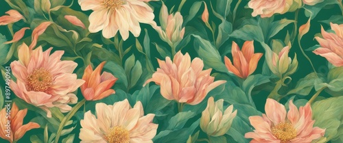 stylized representation of a blooming flower garden on a soft, watercolor-style green background
