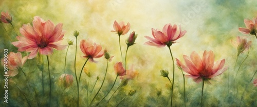 stylized representation of a blooming flower garden on a soft, watercolor-style green background