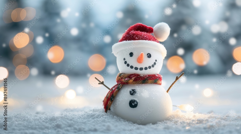 Fototapeta premium A snowman with a red hat and scarf is smiling