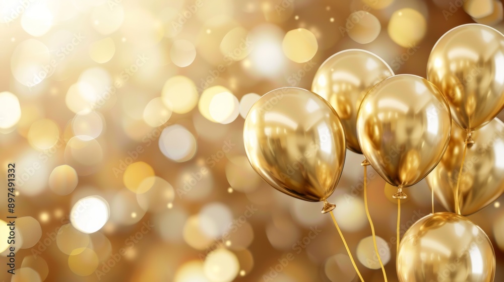 A bunch of gold balloons are floating in the air, creating a festive A bunch of gold balloons are floating in the air, creating a festive