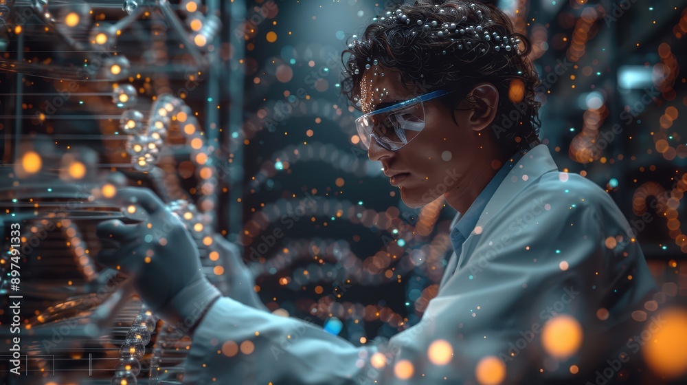 Ultra-Realistic Science Lab: Scientist Conducting Genetic Experiments in High-Tech Environment with Molecular Structures and DNA Models Ultra-Realistic Science Lab: Scientist Conducting Genetic Experiments in High-Tech Environment with Molecular Structures and DNA Models