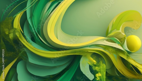 abstract whimsical background featuring flowing curves and tendrils in shades of green and yellow