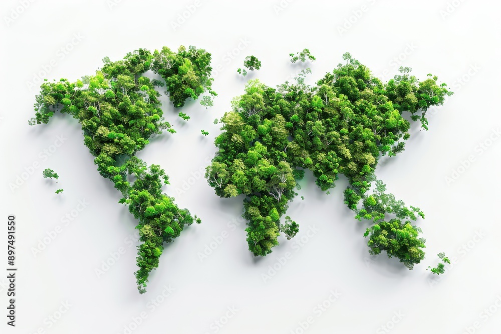 Global nature preservation day idea: three-dimensional forest or tree form of the global map set against a white backdrop. Earth day or eco-friendly celebration concept. International arbor day Global nature preservation day idea: three-dimensional forest or tree form of the global map set against a white backdrop. Earth day or eco-friendly celebration concept. International arbor day