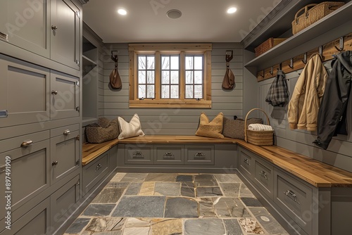 Cozy mudroom with built-in storage, wood bench, stone floor, and ample natural light from the window creating a warm and welcoming atmosphere. © Thanyarat