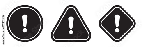 Alert icon. Warning sign and symbol. Exclamation mark in triangle, circle and rombus.