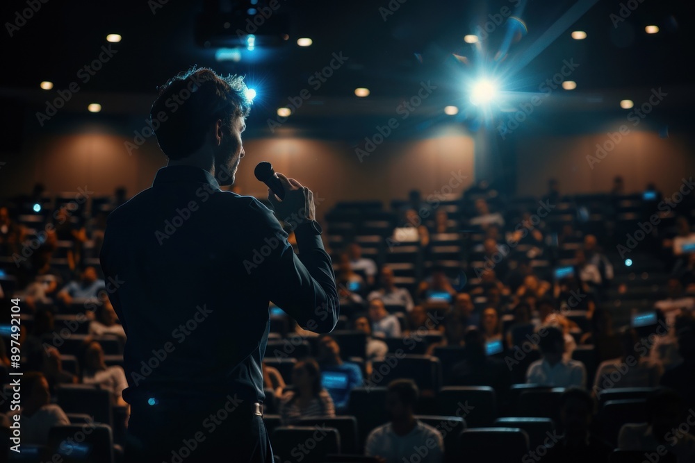 Man presenting to a large crowd in conference setting. Man presenting to a large crowd in conference setting.