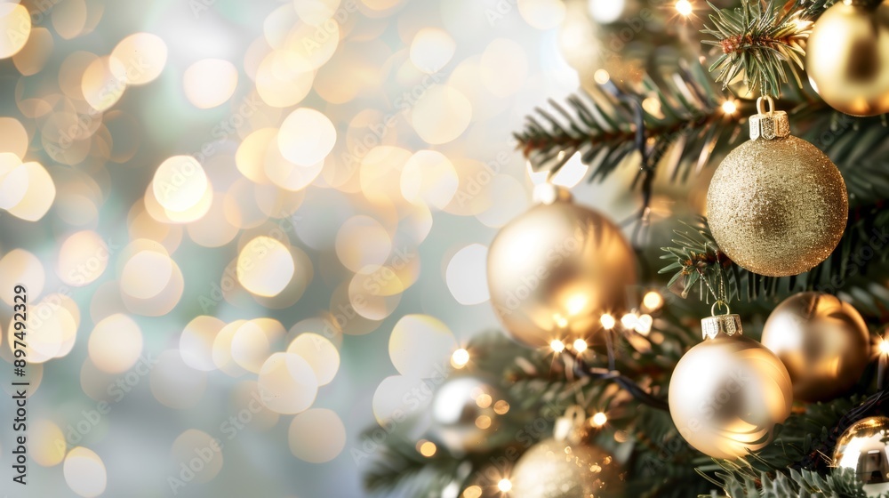 A Christmas tree with gold ornaments and lights A Christmas tree with gold ornaments and lights