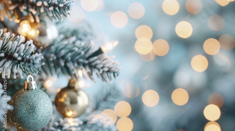 A Christmas tree with a blue ornament hanging from it A Christmas tree with a blue ornament hanging from it