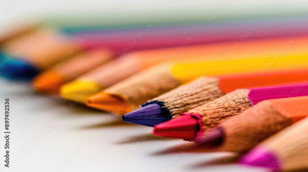 Selective focus picture of colored pencils on a white backdrop Selective focus picture of colored pencils on a white backdrop