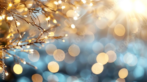 A tree with lights on it and bright sun in the background