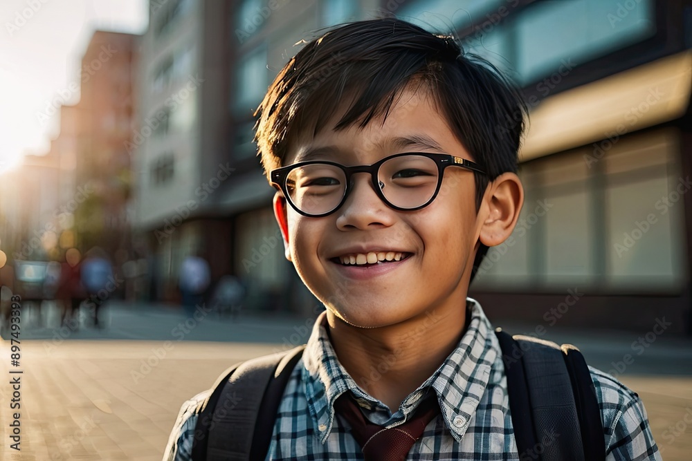 Obraz premium Portrait of a happy Asian schoolboy child with glasses On the street of the city in the sunlight. Back to school, correction of pupil eyesight.