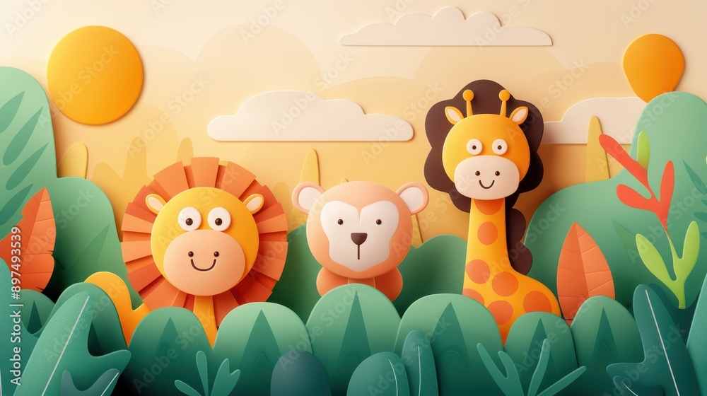A lively cartoon depiction of a jungle scene featuring a lion, bear, and giraffe, surrounded by lush green foliage and a sunny sky, creating a cheerful atmosphere. A lively cartoon depiction of a jungle scene featuring a lion, bear, and giraffe, surrounded by lush green foliage and a sunny sky, creating a cheerful atmosphere.