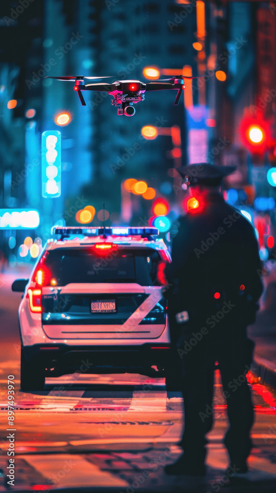 Police officer with drone and patrol car at night