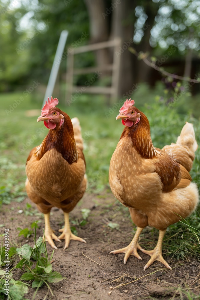 Fototapeta premium Two chickens standing in a grassy field. One is brown and the other is white. The brown chicken is looking at the camera