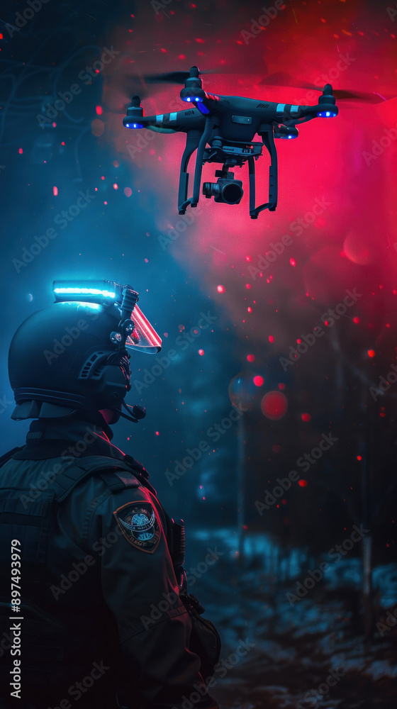 Police officer and drone with red and blue lights Police officer and drone with red and blue lights