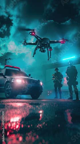 Police drone surveillance at night with glowing lights.
