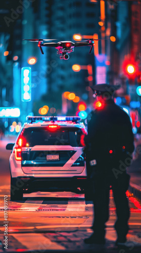 Police officer with drone and patrol car at night