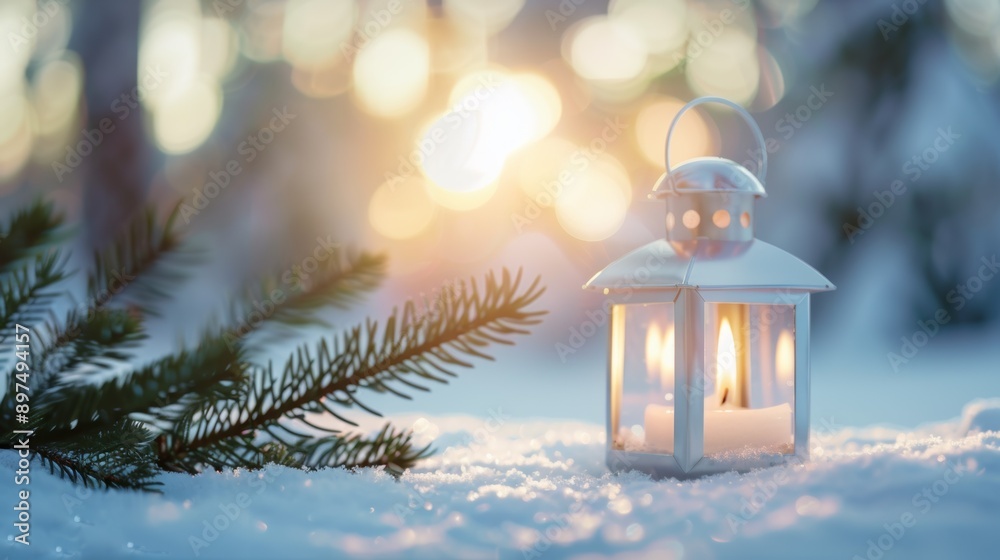 A small white lantern sits on a snowy ground next to a pine tree A small white lantern sits on a snowy ground next to a pine tree