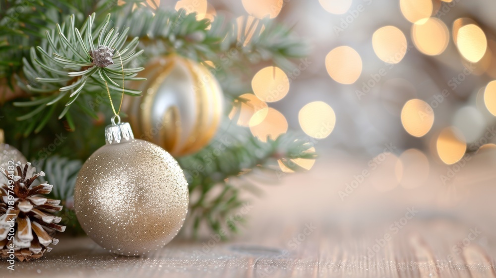 A gold and silver ornament sits on a tree branch A gold and silver ornament sits on a tree branch