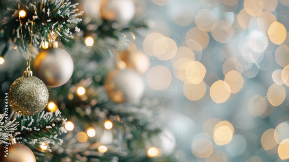 A Christmas tree with a gold ornament hanging from it