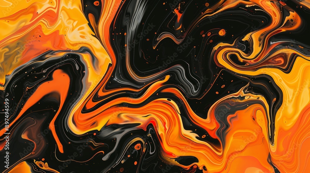 Orange and black acrylic paint blending and flowing in abstract background Orange and black acrylic paint blending and flowing in abstract background