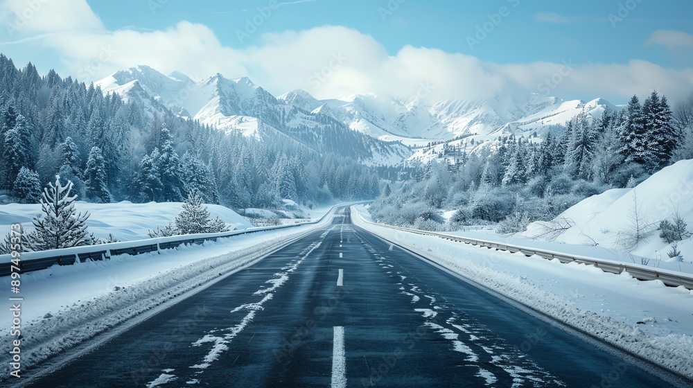 A picturesque winter road surrounded by snow-covered mountains, offering a peaceful and scenic journey through nature.