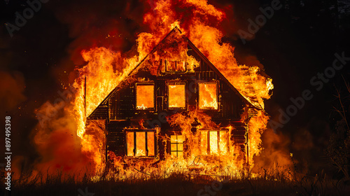 The house is burning, emitting a glow of orange and yellow flames