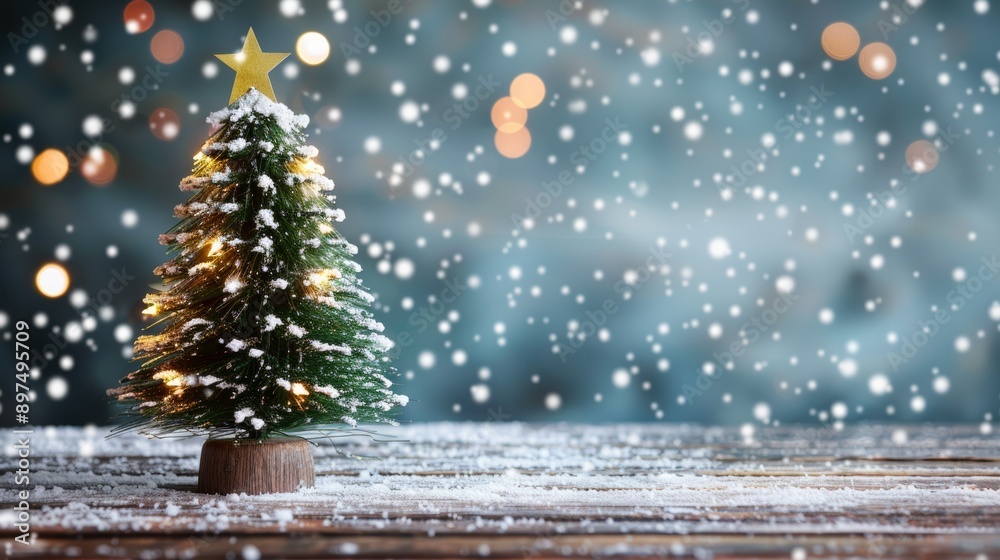 Obraz premium A small Christmas tree with a star on top is surrounded by snow