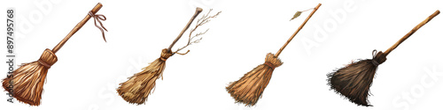 Collection of witch brooms illustration isolated on transparent or white background