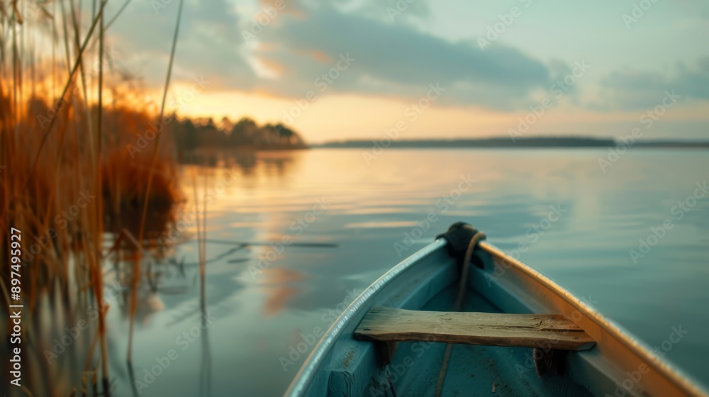 Obraz premium A serene lake view at sunrise with a boat, reed, and tranquil water reflecting the sky in the morning light