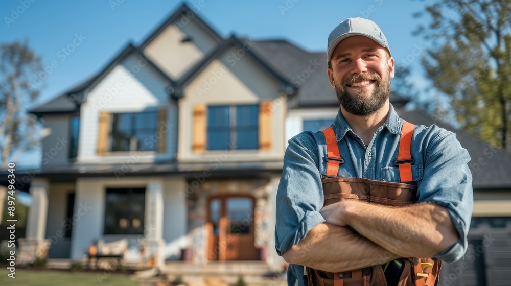 A man in a blue shirt and orange vest is standing in front of a house A man in a blue shirt and orange vest is standing in front of a house