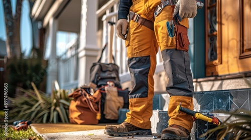 A man in orange work pants is standing on a porch