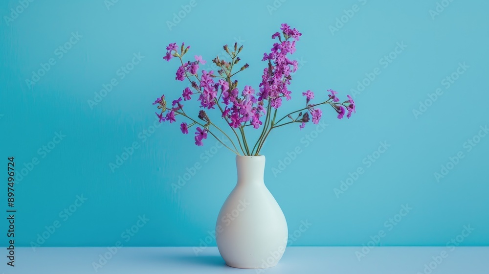 Violet blooms in white vase against blue backdrop Violet blooms in white vase against blue backdrop